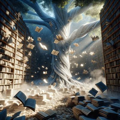 The primary subject of the image is a large tree with a massive number of books scattered around it. The tree appears to be growing out of the books, creating a unique and intriguing scene. The setting is a library, with numerous bookshelves visible in the background. The visual style is a combination of digital art and illustration, giving the image a surreal and whimsical appearance. The colors and mood are predominantly dark and moody, with the tree and books creating a sense of mystery and wonder.